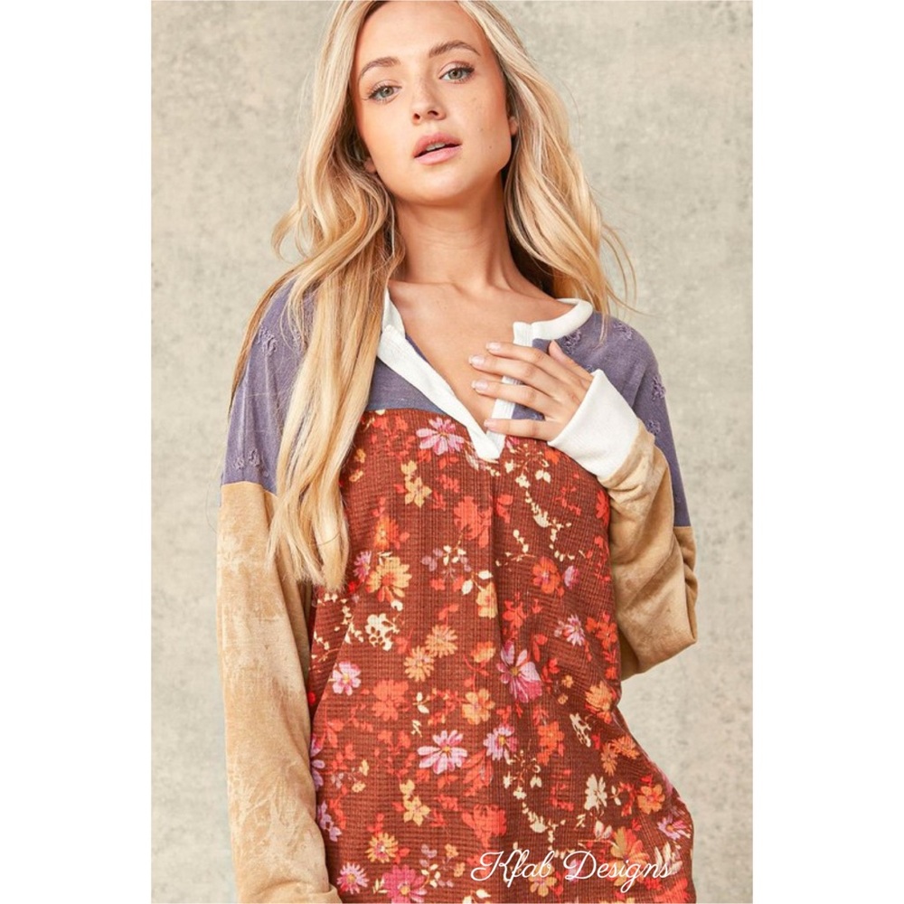 LAST 1! Distressed Floral/Tie Dye Color Block Henley Boho Top! - Picture 7 of 10